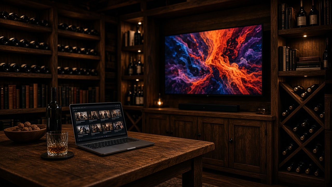 A warm media room with a television and a laptop showing a grid of video thumbnails.