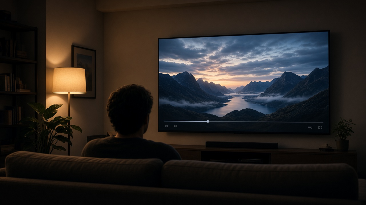 A person on a sofa watching a film on a large screen in a dim living room.