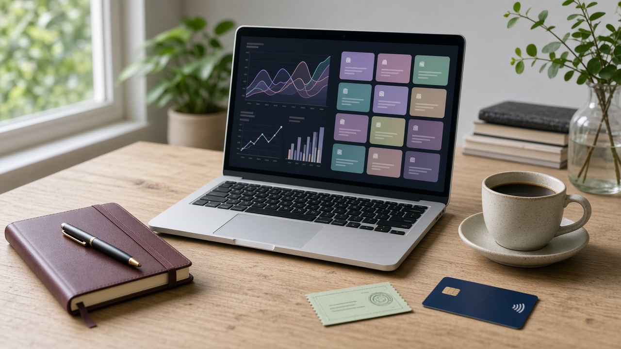 A desk with a laptop showing charts, a payment card, and a paper coupon.