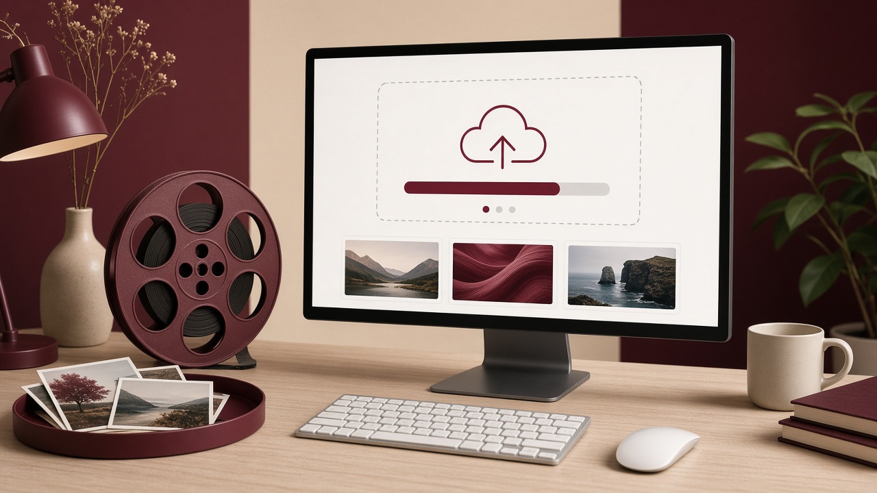 A desk with a computer showing a video upload progress bar, a film reel, and printed thumbnails.